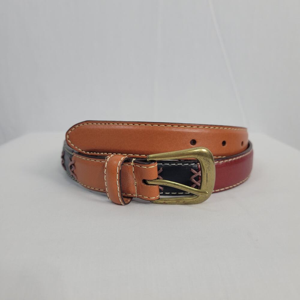 Earth Tone Patchwork Genuine Leather Belt women's sz L Boho Country Artsy Rodeo